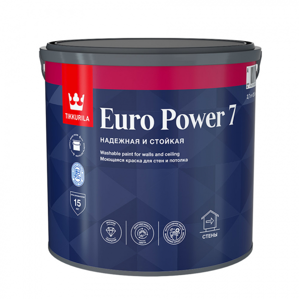 Краска водно-дисперсионная Tikkurila Euro Power 7 моющаяся белая основа А 2,7 л